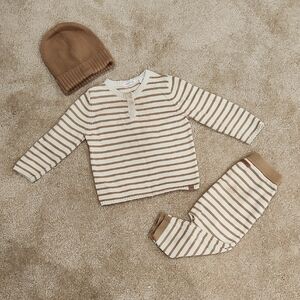 Country Road Cream and Tan Striped Knit Kids Set with Beanie Size 18-24 Months